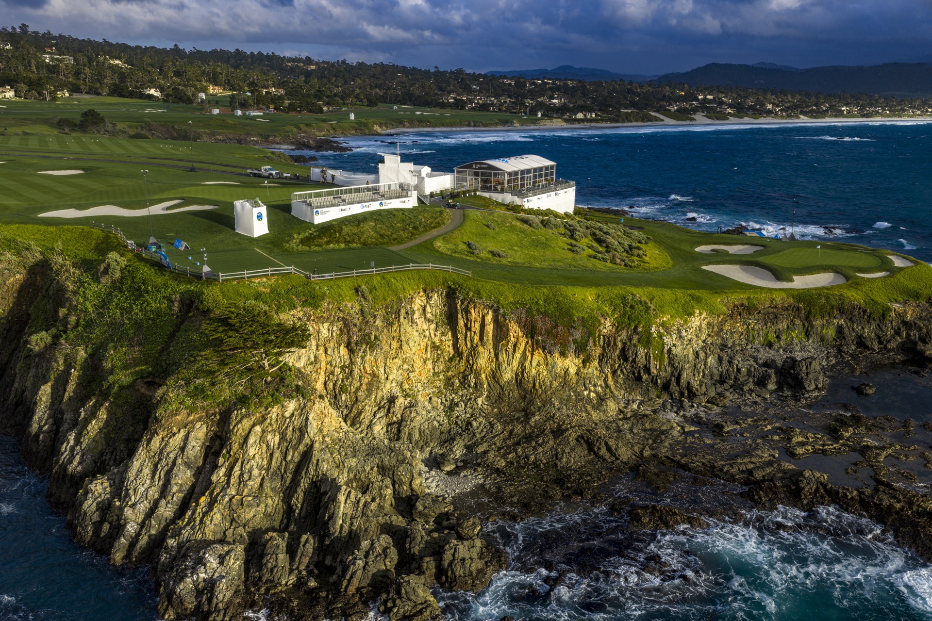 Pebble Beach Pro-Am golf course and oceanfront event pavilions